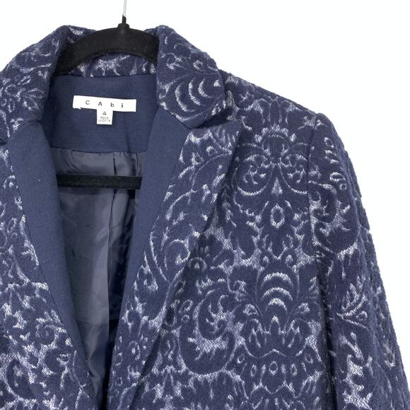 Cabi Jacket Women's Size 4 Brocade Single Button Blazer Navy Blue Jacquard Print - Picture 3 of 6